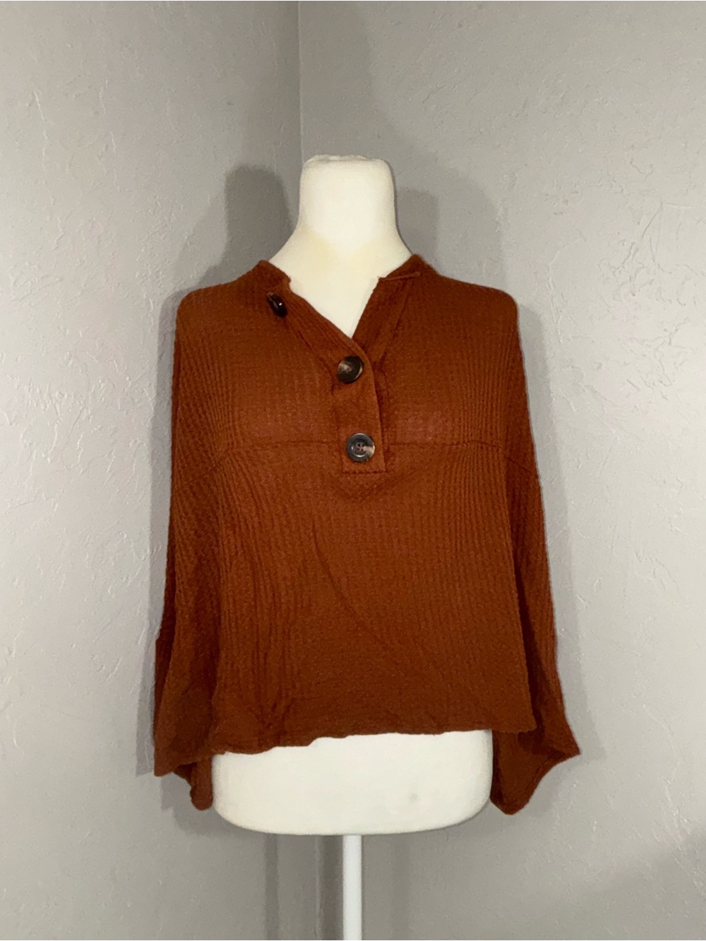 Adelyn Rae Rust Button-Neck Waffle Knit Pullover - Picture 2 of 12